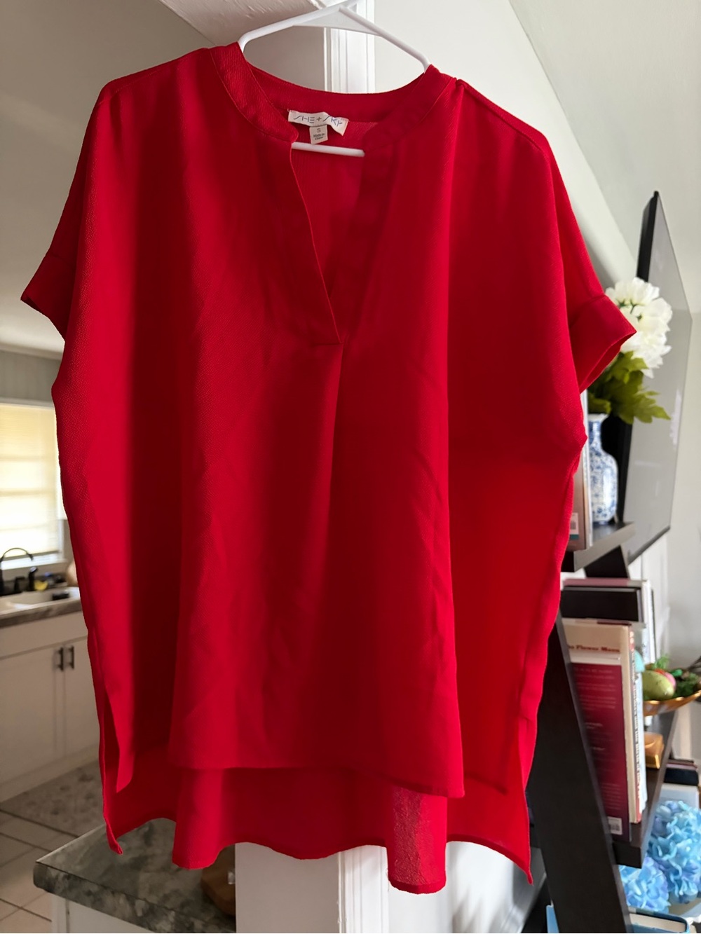 She + Sky Red Short Sleeve V-Notch Tunic Top
